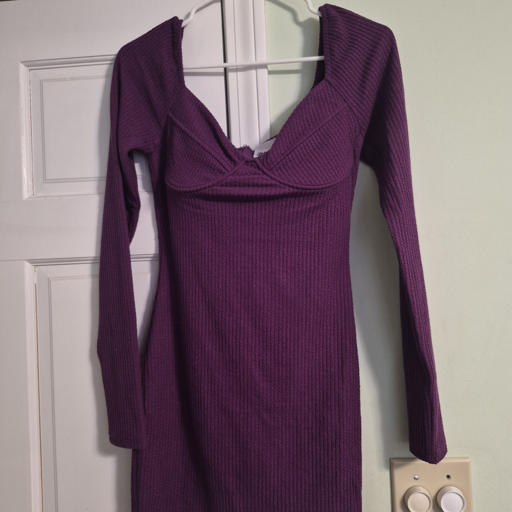 BCX Ribbed Long-Sleeve Dress in Deep Purple